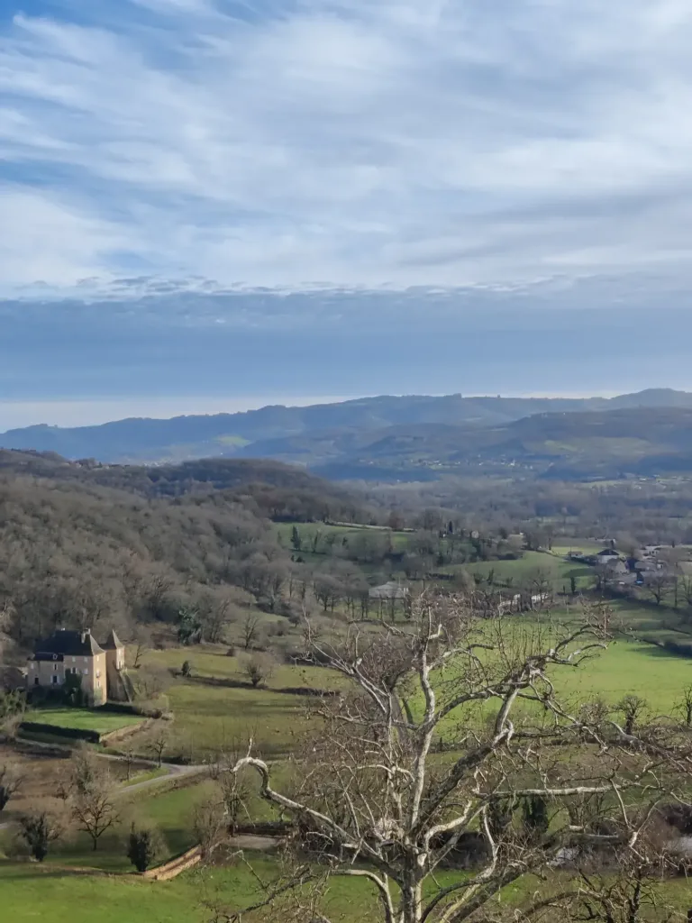Breed uitzicht over het landgoed en de vallei, met het château in de verte