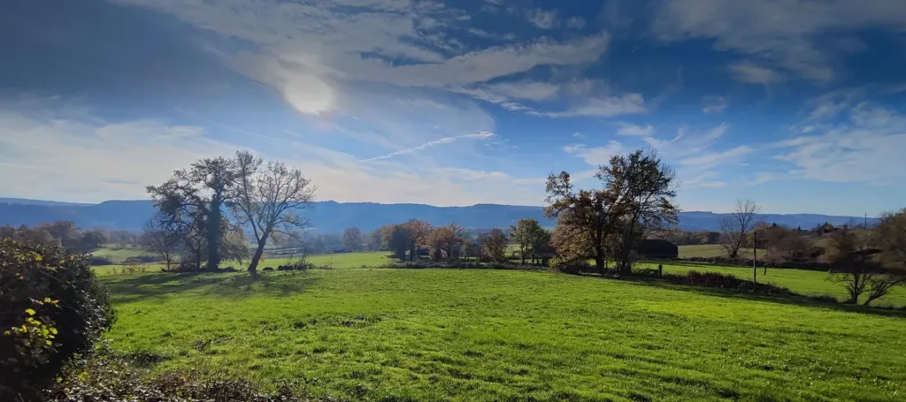 Sonnige Wiese im Tal beim Château, im Hintergrund sanfte Hügel
